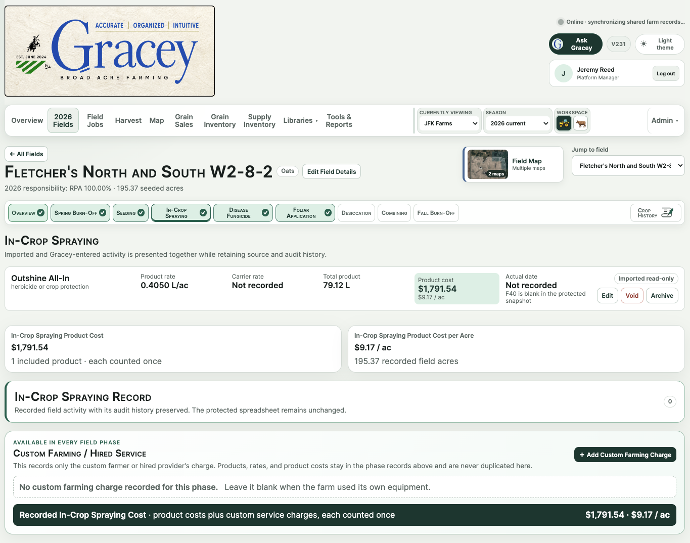 Gracey Broadacre Farming: Field activity and costs